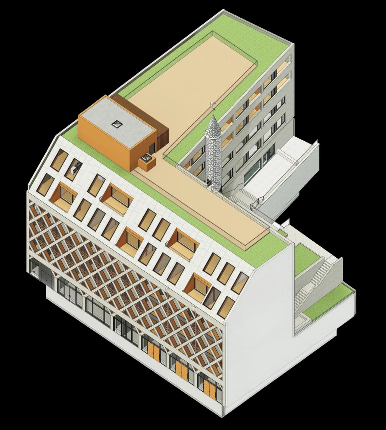 Arkitektens snitt av det ferdige bygget, med takterrasse, kuppel og minaret